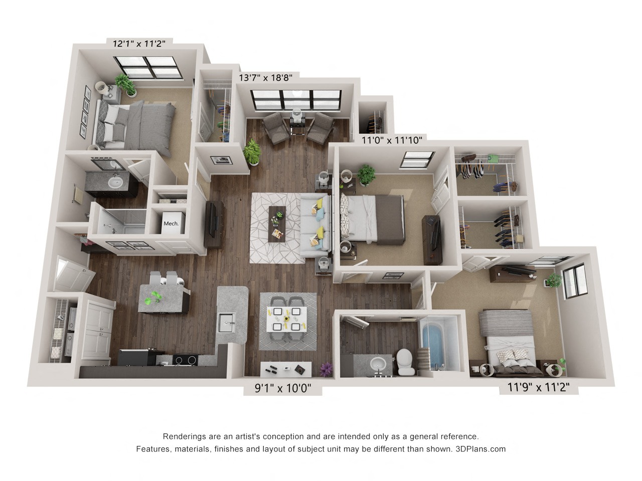 Floor plan for 3 beds, 2 baths, 1365 sqft